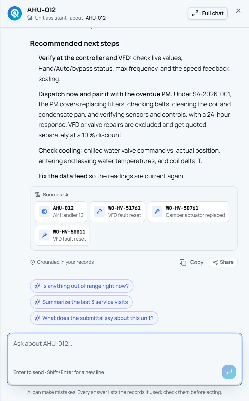 EquipTalkIQ AI panel · answer with Sources screen with sample records